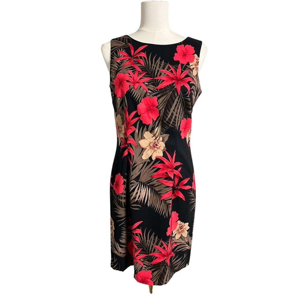 AGB Sheath Dress Womens 8 Black Tropical Floral Hawaiian Sleeveless Knee Length